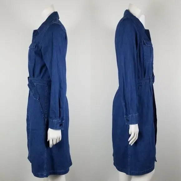 A.P.C. Indigo Chambray Denim Minimalist Cotton Knee Length Belted Shirt Dress M - Picture 2 of 13